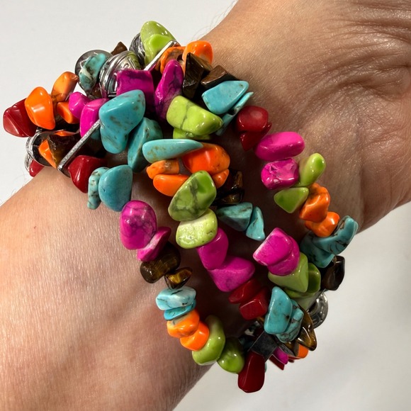 Multi Strand Bracelet Beaded Stacking Silver Tone Flower Charm Rhinestone Accent - Picture 4 of 9